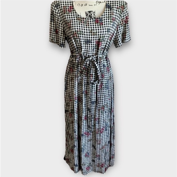Vintage 90s Black and White Gingham Floral Maxi Dress - Picture 8 of 10
